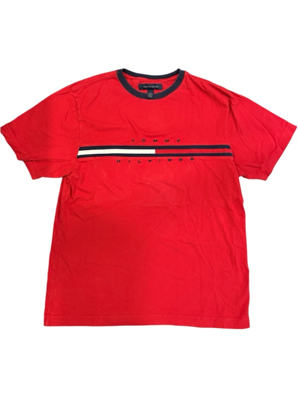 Men’s Medium Tommy Hilfiger Red Crewneck Tee with Navy & White Chest Stripes